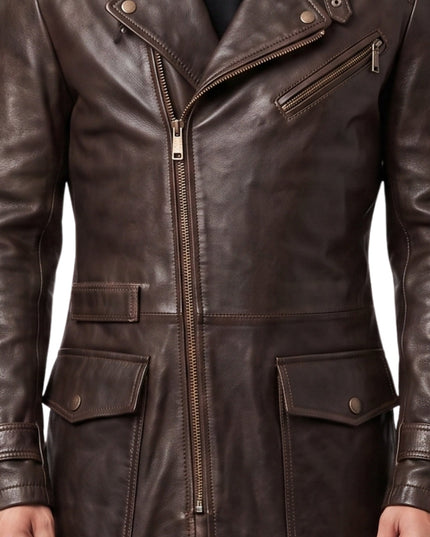 Premium Men's Brown Cowhide Leather Trench Coat