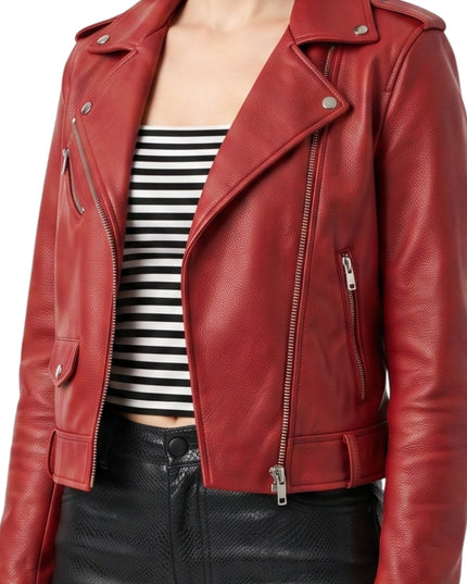 Stylish Womens Red Leather Biker Jacket Order Today