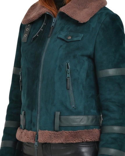 Womens B3 Leather Bomber Green Shearling Coat Order Today