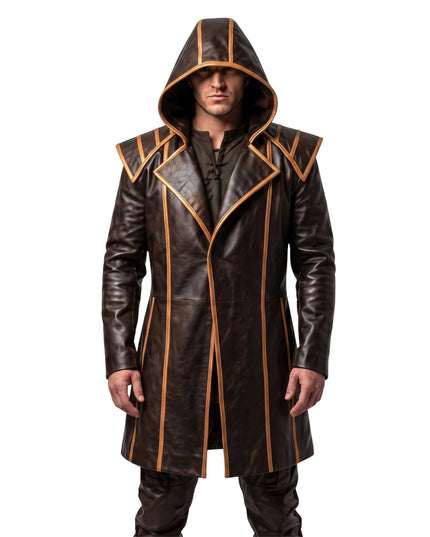 Mens Brown Genuine Cowhide Leather Medieval Overcoat