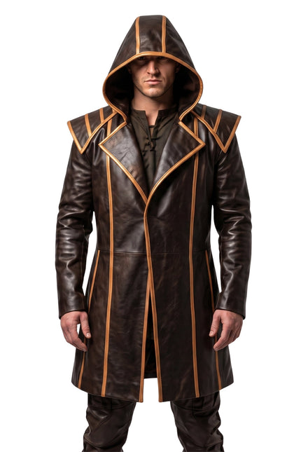 Mens Brown Genuine Cowhide Leather Medieval Overcoat