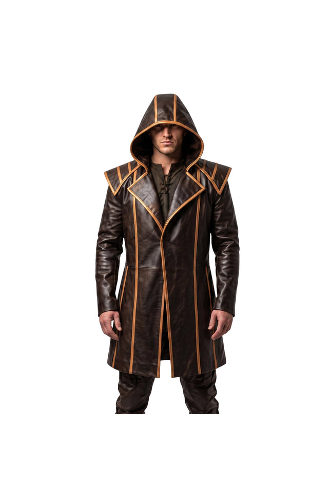 Mens Brown Genuine Cowhide Leather Medieval Overcoat