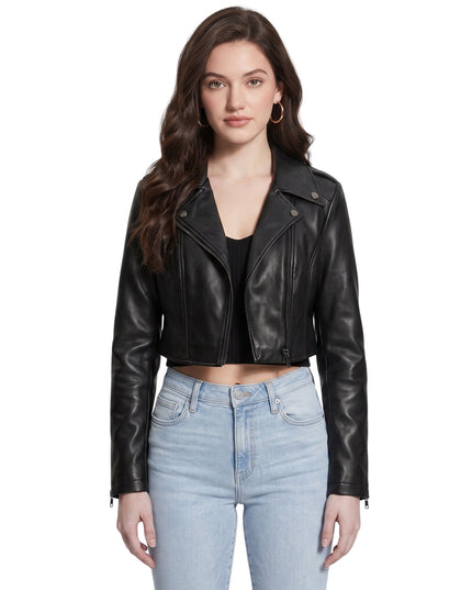 Trendy Black Cropped Leather Biker Jacket Womens Buy Now
