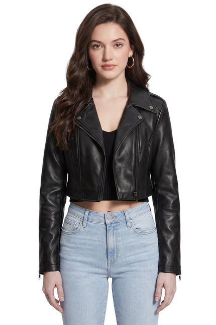 Trendy Black Cropped Leather Biker Jacket Womens Buy Now