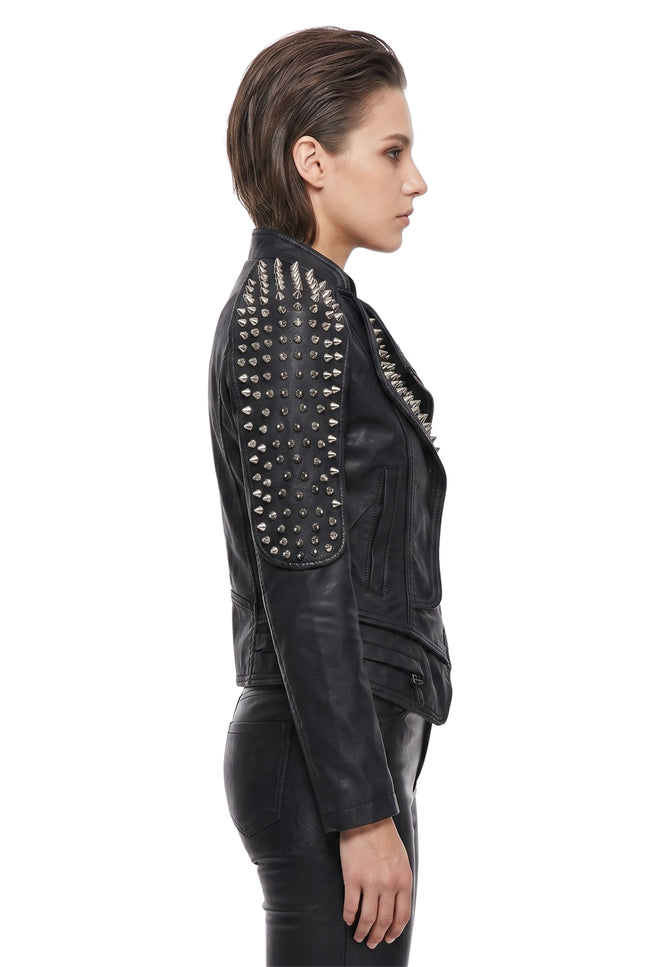 Womens Stylish Studded Black Leather Jacket