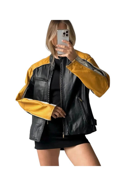 Women's Black Moto Yellow Striped Leather Jacket