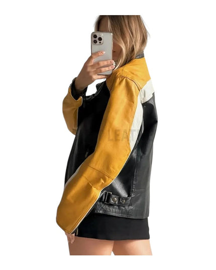 Women's Black Moto Yellow Striped Leather Jacket
