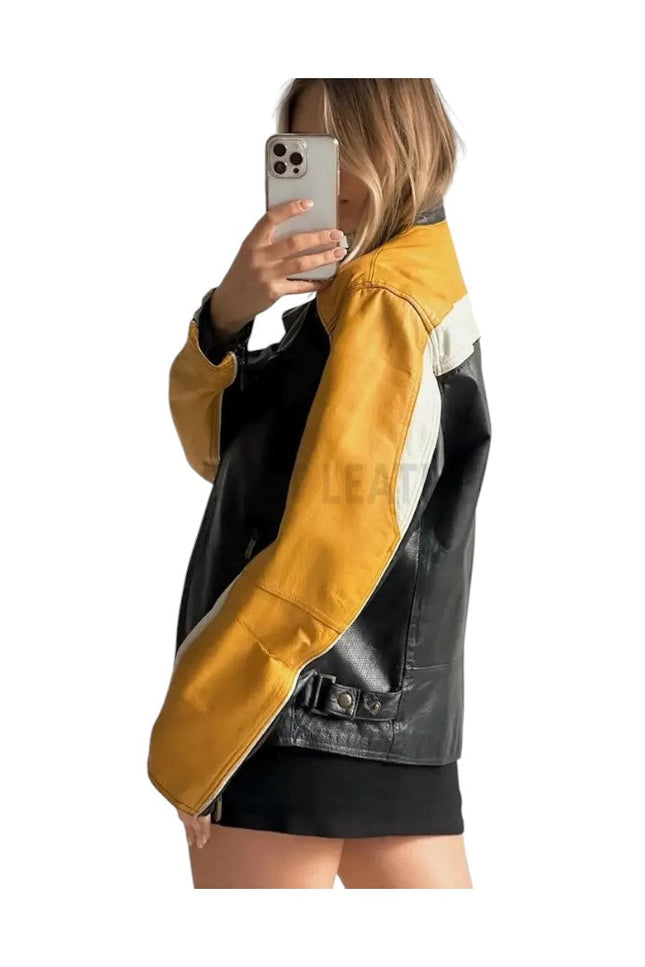 Women's Black Moto Yellow Striped Leather Jacket