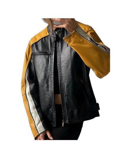 Women's Black Moto Yellow Striped Leather Jacket