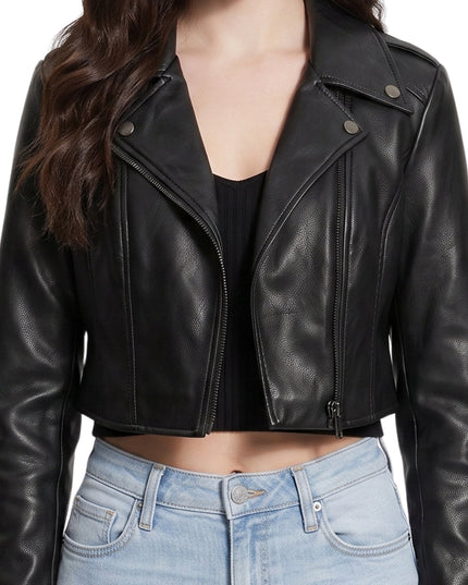 Trendy Black Cropped Leather Biker Jacket Womens Order Today