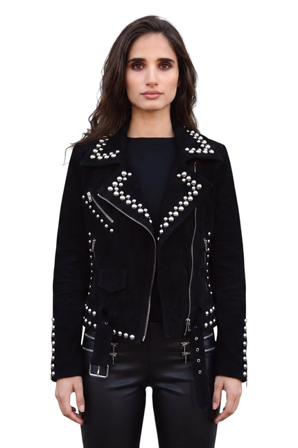 Women Suede Studded Leather Jacket