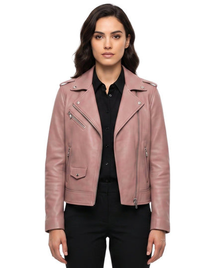 Stylish Pink Womens Biker Leather Jacket Buy Now