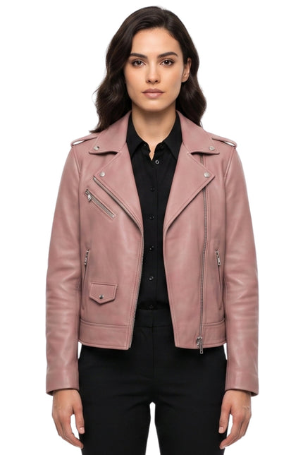 Stylish Pink Womens Biker Leather Jacket Buy Now