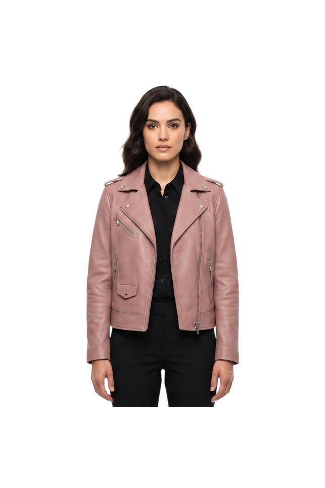 Stylish Pink Womens Biker Leather Jacket Buy Now