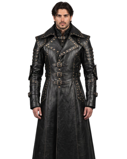 Men Black Genuine Cowhide Leather Gothic Trench Coat