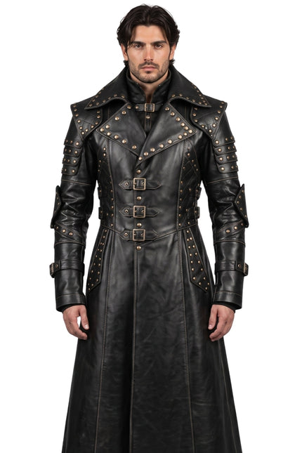 Men Black Genuine Cowhide Leather Gothic Trench Coat