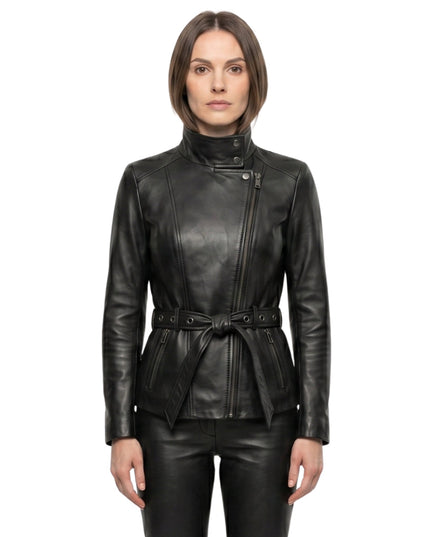 Womens Belted Black Biker Leather Jacket Buy Now