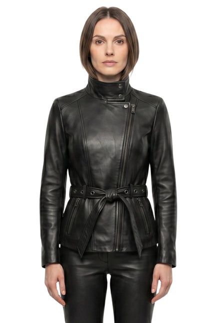 Womens Belted Black Biker Leather Jacket Buy Now