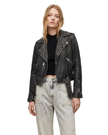 Women Studded Black Leather Biker Jacket Buy Now
