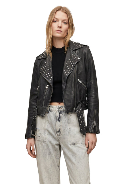 Women Studded Black Leather Biker Jacket Buy Now