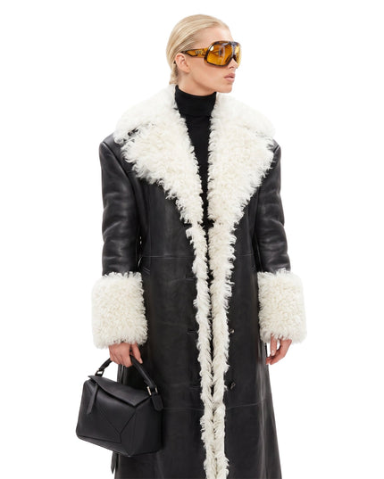 Elsa Hosk Black Shearling Leather Coat