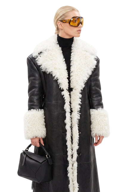 Elsa Hosk Black Shearling Leather Coat