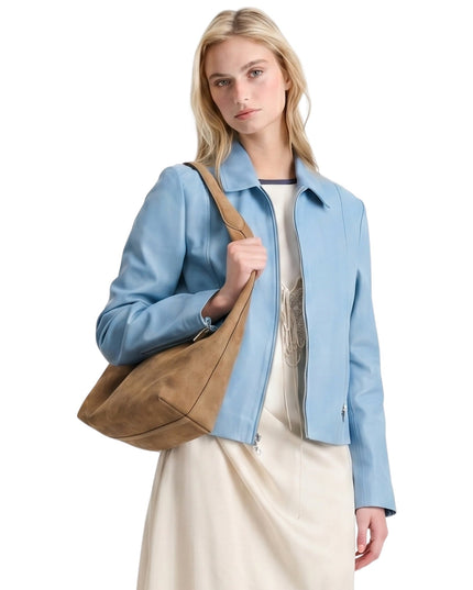 Womens Scuba Sky Blue Leather Jacket Buy Now
