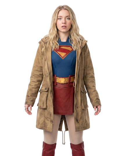 Milly Alcock Supergirl 2026 Brown Hooded Jacket