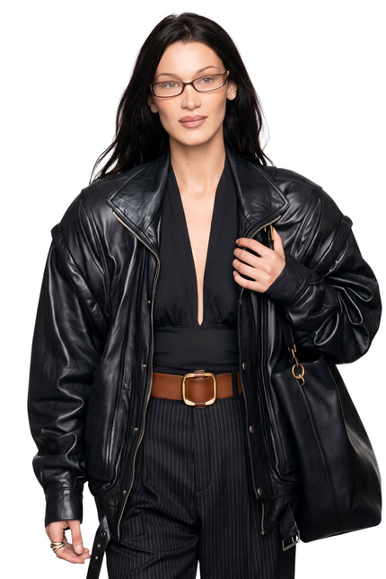 Bella Hadid PFW 2024 Black Leather Jacket Buy Now