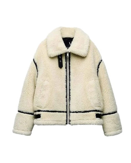 Women's Real Sheepskin Faux Fur Long Sleeve Leather Jacket