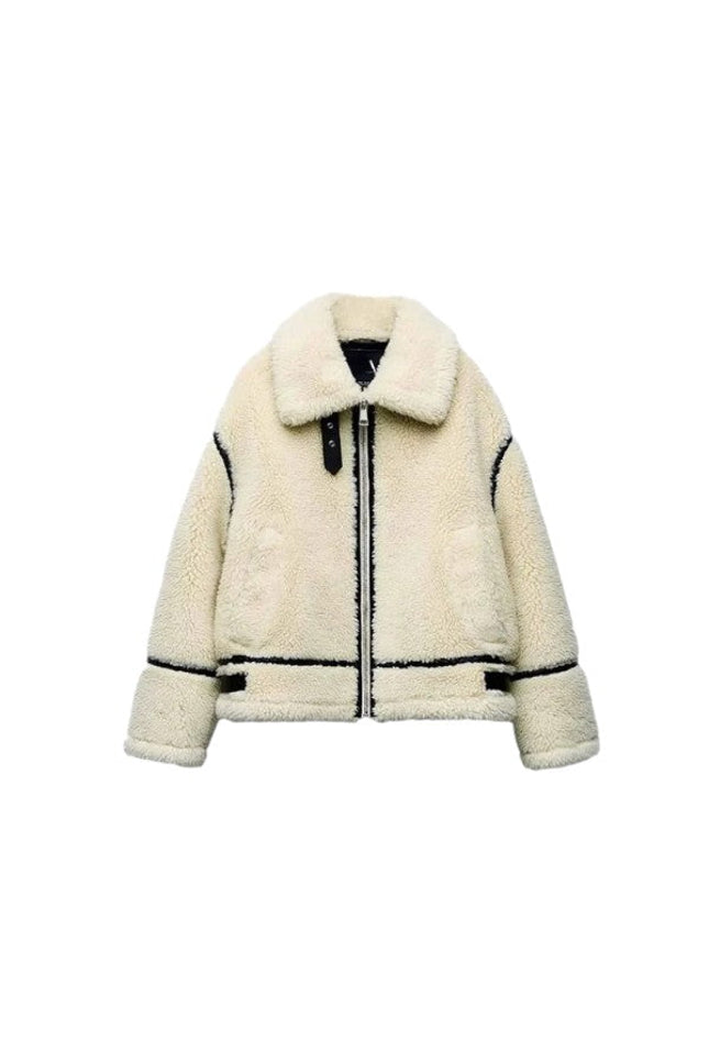 Women's Real Sheepskin Faux Fur Long Sleeve Leather Jacket