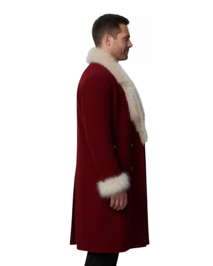 Man wearing a red coat with white fur trim on a white background