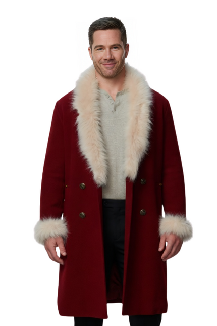 Man wearing a red coat with white fur trim on a white background