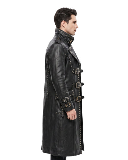 Men Black Genuine Cowhide Leather Gothic Trench Coat