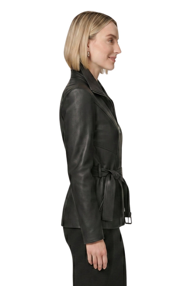 Womens Belted Black Biker Leather Jacket Order Now