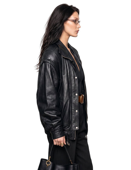 Bella Hadid PFW 2024 Black Leather Jacket Shop Now
