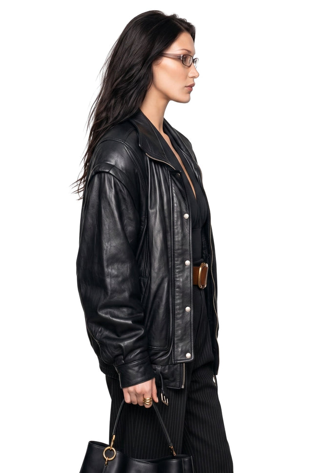 Bella Hadid PFW 2024 Black Leather Jacket Shop Now