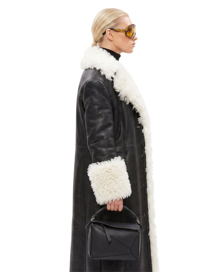 Elsa Hosk Black Shearling Leather Coat