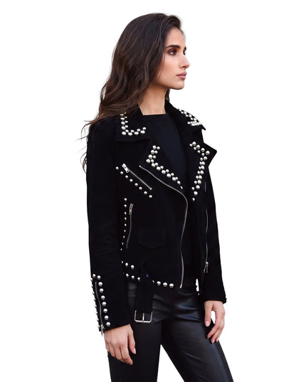 Women Suede Studded Leather Jacket buy now