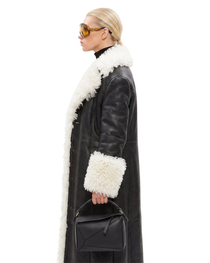 Elsa Hosk Black Shearling Leather Coat
