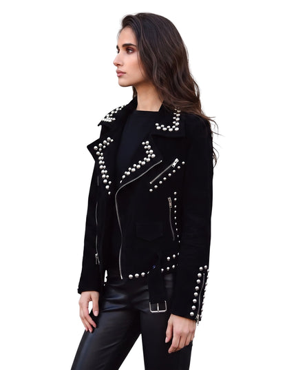 Women Suede Studded Leather Jacket on sale
