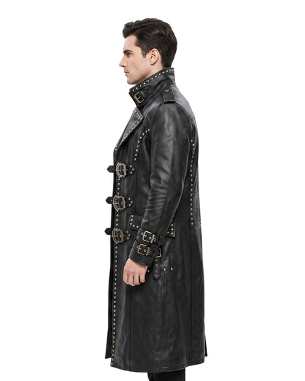 Men Black Genuine Cowhide Leather Gothic Trench Coat