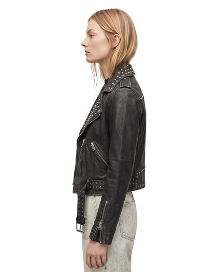 Women Studded Black Leather Biker Jacket Order Now