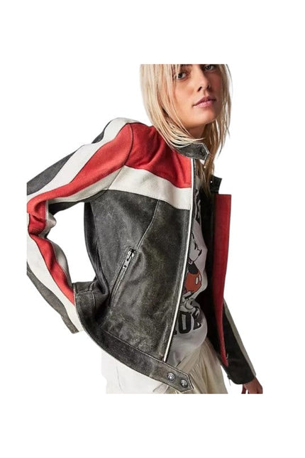 Women's Striped Cafe Racer Biker Jacket