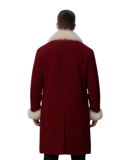Red coat with white fur trim worn by a person on a white background