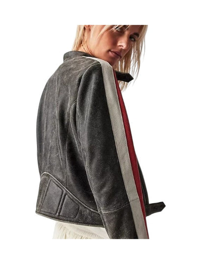Women's Striped Cafe Racer Biker Jacket