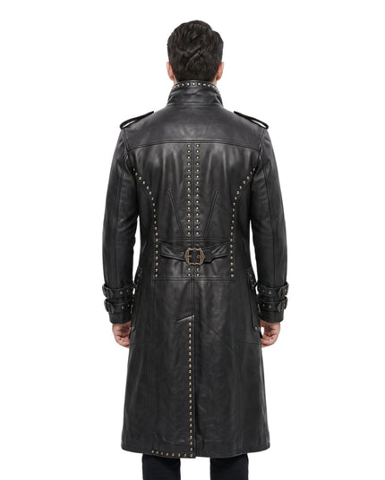 Men Black Genuine Cowhide Leather Gothic Trench Coat