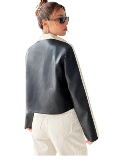 Women's Oversized Colorblock Cropped Leather Jacket