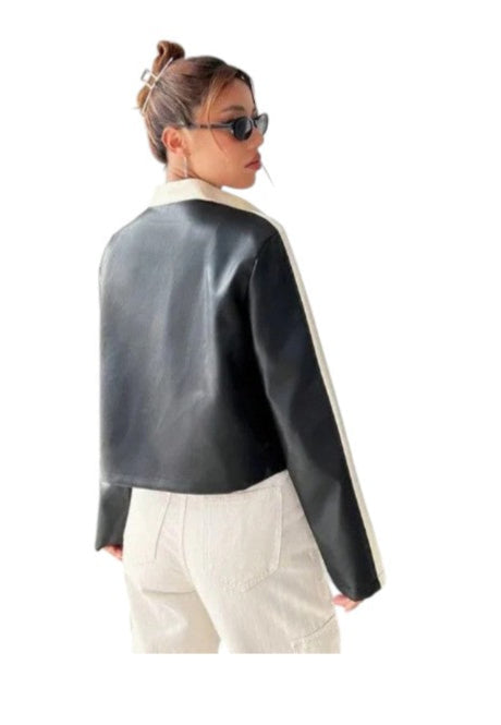 Women's Oversized Colorblock Cropped Leather Jacket