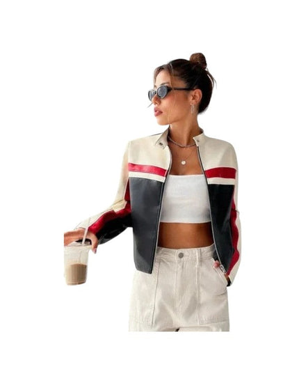 Women's Oversized Colorblock Cropped Leather Jacket
